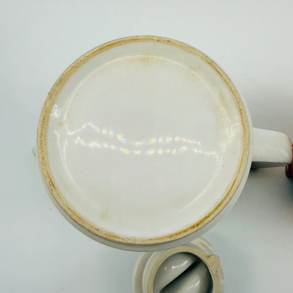 Vintage Copper Insulated Teapot White Ceramic Mid Century Tea Pot